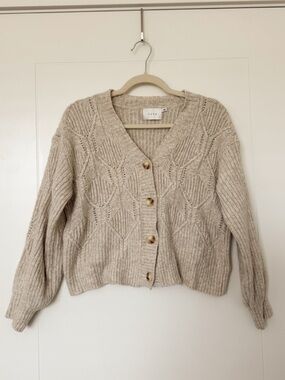 Lush Oatmeal Cable Knit Button-Front Cardigan